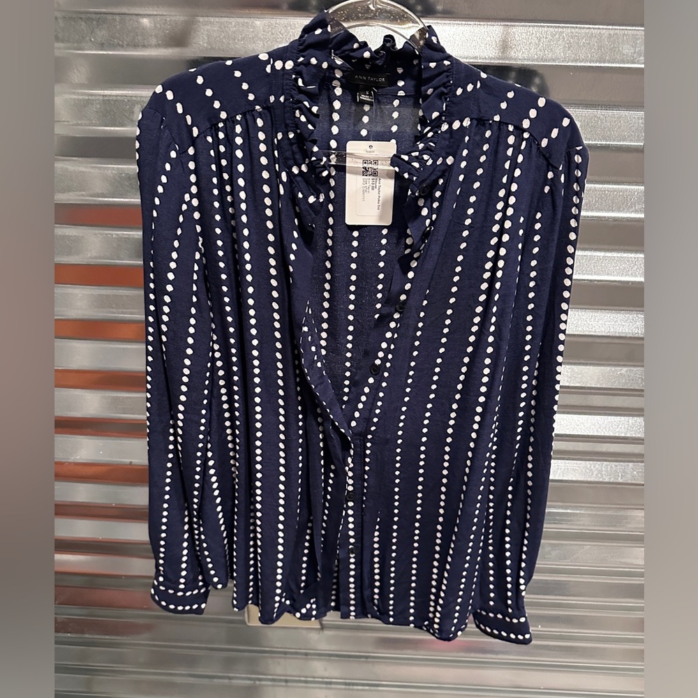 Ann Taylor Midnight Blue Blouse with White Dots woman’s size small